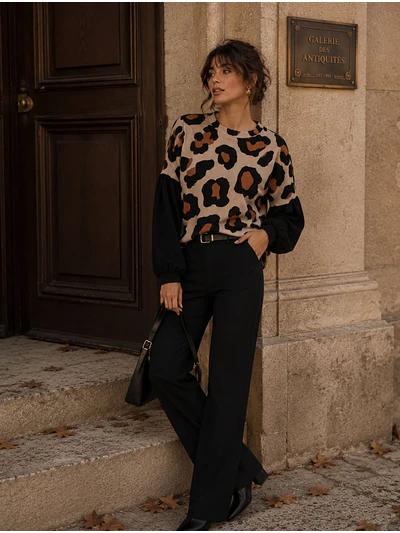 Sweater Animal Print Camel Mujer Mangas Globo Oversize