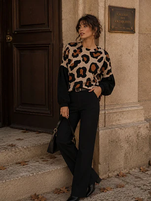 Sweater Animal Print Camel Mujer Mangas Globo Oversize