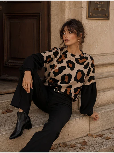 Sweater Animal Print Camel Mujer Mangas Globo Oversize