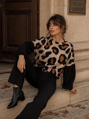 Sweater Animal Print Camel Mujer Mangas Globo Oversize