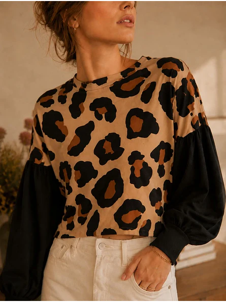 Polera Animal Print Camel Mujer Manga Globo Oversize 7