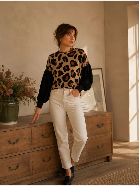 Polera Animal Print Camel Mujer Manga Globo Oversize 8