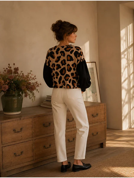 Polera Animal Print Camel Mujer Manga Globo Oversize 9