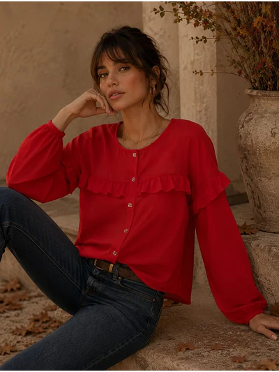 Blusa Roja Mujer con Vuelos Manga Larga