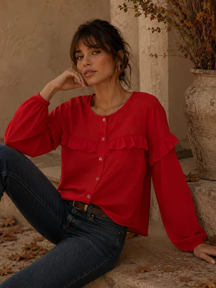 Blusa Roja Mujer con Vuelos Manga Larga