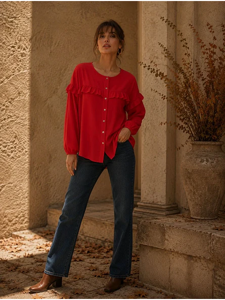 Blusa Roja Mujer con Vuelos Manga Larga 3