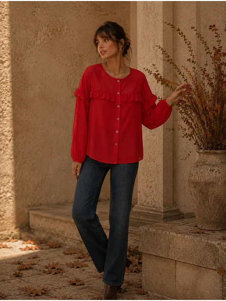 Blusa Roja Mujer con Vuelos Manga Larga 5