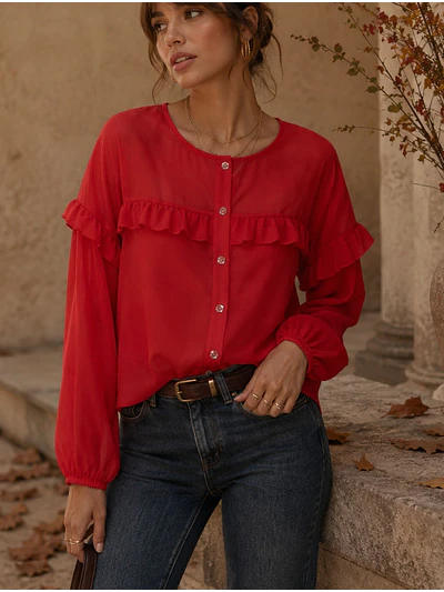 Blusa Roja Mujer con Vuelos Manga Larga