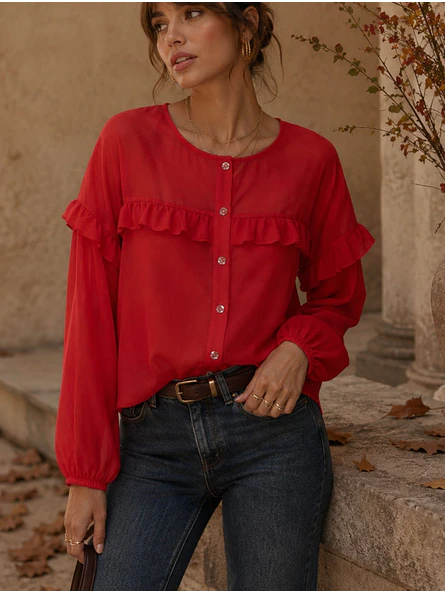 Blusa Roja Mujer con Vuelos Manga Larga 1