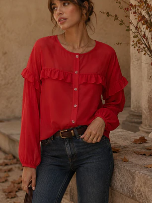 Blusa Roja Mujer con Vuelos Manga Larga