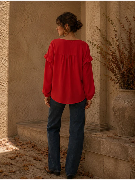 Blusa Roja Mujer con Vuelos Manga Larga 4