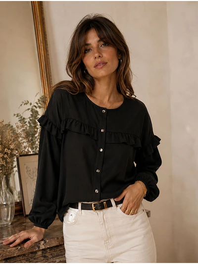 Blusa Negra Mujer con Vuelos en Gasa Crepé Elegante