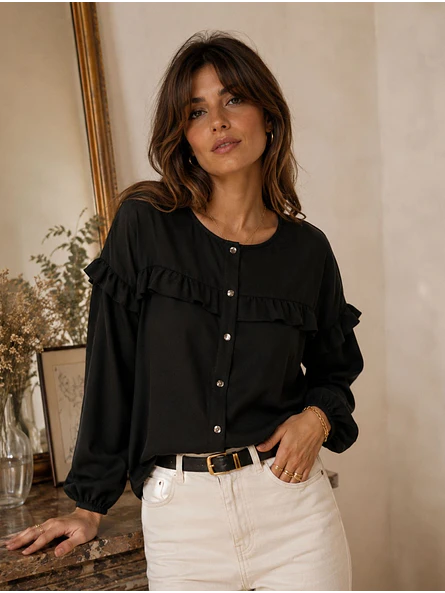 Blusa Negra Mujer con Vuelos en Gasa Crepé Elegante 5