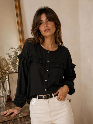 Blusa Negra Mujer con Vuelos en Gasa Crepé Elegante
