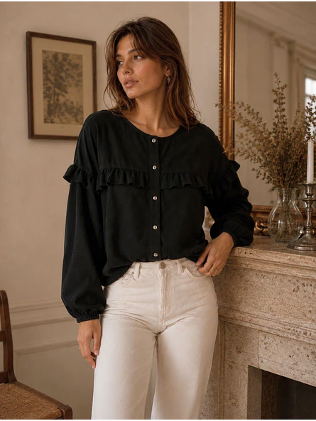 Blusa Negra Mujer con Vuelos en Gasa Crepé Elegante 6