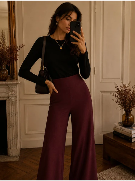 Pantalón Palazzo Burdeo Mujer Lanilla Tiro Alto 4