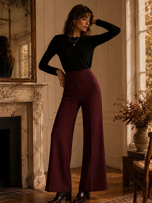 Pantalón Palazzo Burdeo Mujer Lanilla Tiro Alto