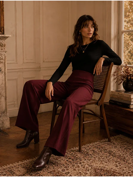 Pantalón Palazzo Burdeo Mujer Lanilla Tiro Alto 6