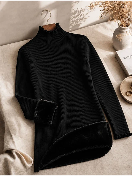 Sweater Térmico Mujer Negro Cuello Alto Terminaciones Onduladas 7