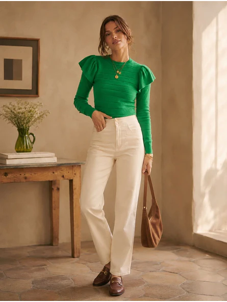 Sweater Verde Mujer Vuelos Hombros Crop Manga Larga 4