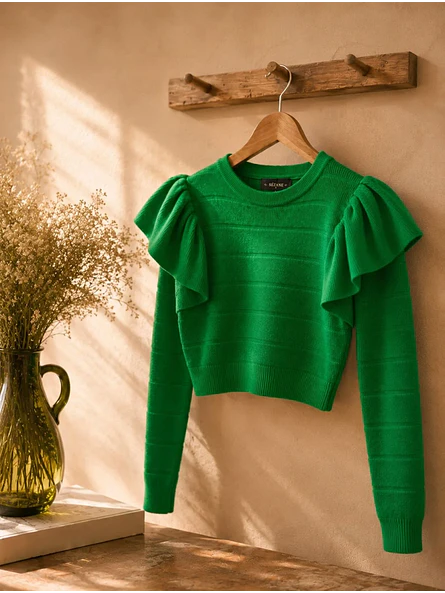 Sweater Verde Mujer Vuelos Hombros Crop Manga Larga 6