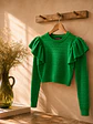 Sweater Verde Mujer Vuelos Hombros Crop Manga Larga - Miniatura 6