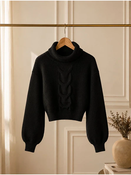 Chaleco Crop Negro Mujer Tejido Trenzado Mangas Globo 5