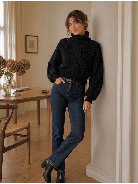 Chaleco Crop Negro Mujer Tejido Trenzado Mangas Globo 4