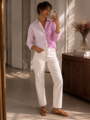 Blusa Rosada Mujer Rayas Asimétrico Fruncido Frontal