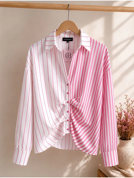 Blusa Rosada Mujer Rayas Asimétrico Fruncido Frontal 5