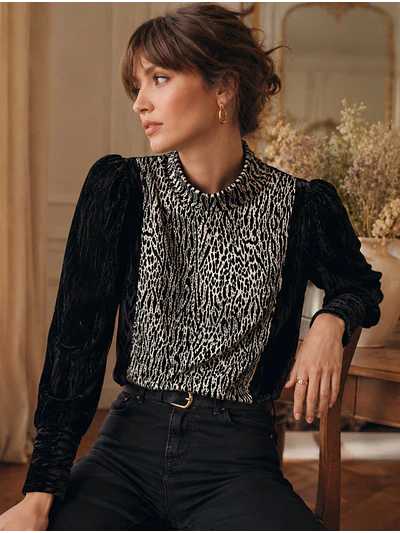 Sweater Terciopelo Negro Mujer Animal Print Cuello 