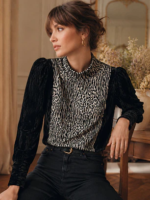 Sweater Terciopelo Negro Mujer Animal Print Cuello 