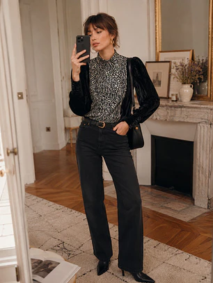 Sweater Terciopelo Negro Mujer Animal Print Cuello Alto