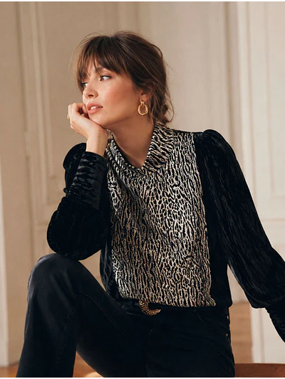 Sweater Terciopelo Negro Mujer Animal Print Cuello 