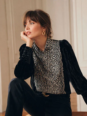 Sweater Terciopelo Negro Mujer Animal Print Cuello 