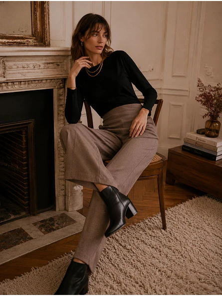 Pantalón Palazzo Beige Mujer Lanilla Tiro Alto 4