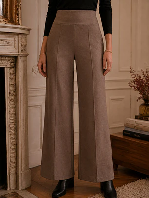 Pantalón Palazzo Beige Mujer Lanilla Tiro Alto