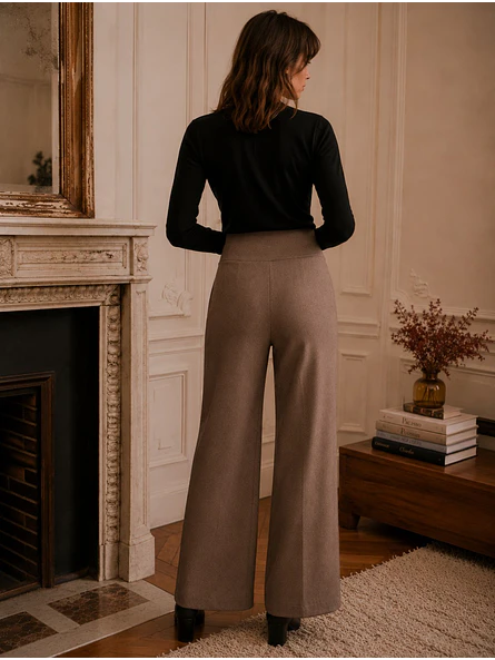 Pantalón Palazzo Beige Mujer Lanilla Tiro Alto 3