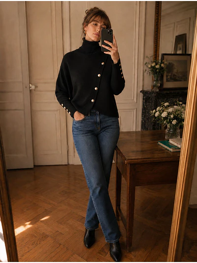 Sweater Negro Mujer Cuello Alto con Botones Dorados