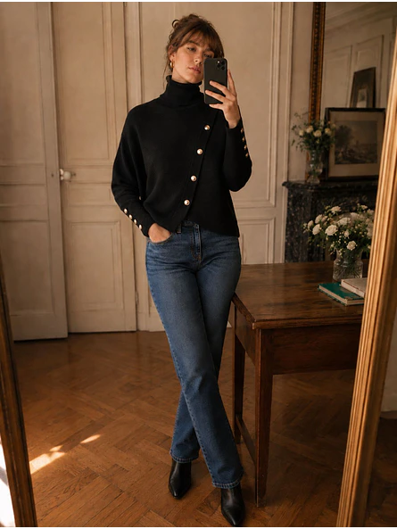 Sweater Negro Mujer Cuello Alto con Botones Dorados 2