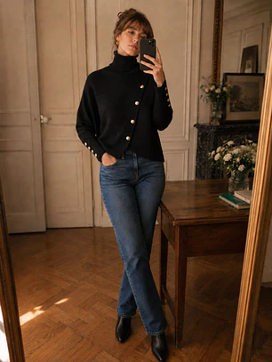 Sweater Negro Mujer Cuello Alto con Botones Dorados