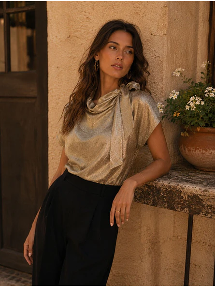 Blusa Metalizada Dorada con Lazo Mujer 2