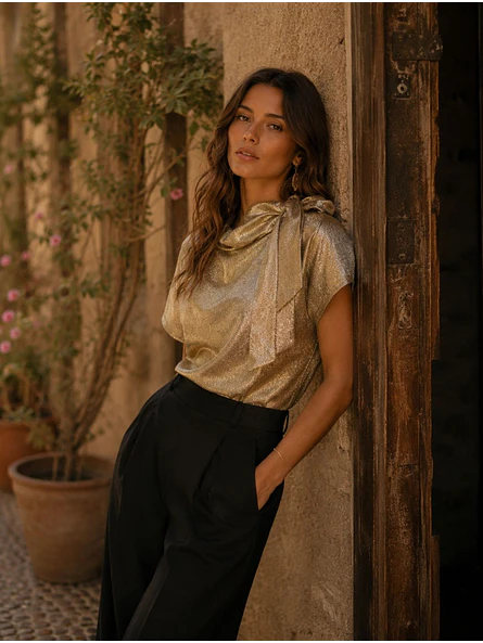 Blusa Metalizada Dorada con Lazo Mujer 1