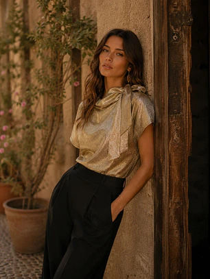 Blusa Metalizada Dorada con Lazo Mujer