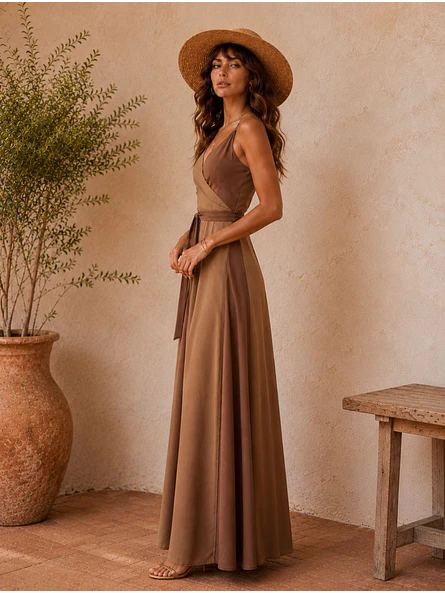 Vestido Envolvente Beige Mujer Elegante Bicolor 3