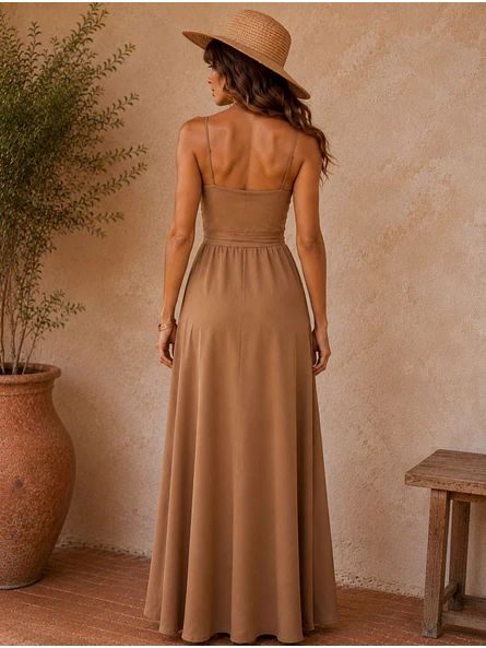 Vestido Envolvente Beige Mujer Elegante Bicolor 4