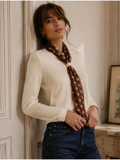 Sweater de punto Mujer con Pañuelo de Lunares Manga Larga