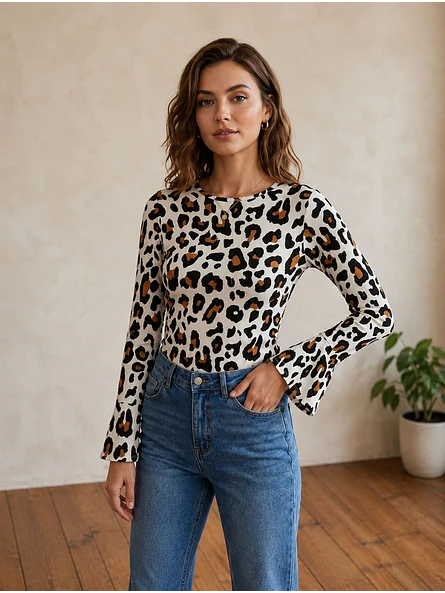 Polera Animal Print Blanco Mujer Manga Larga Acampanada 2