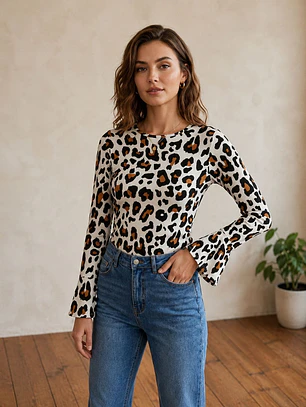 Polera Animal Print Blanco Mujer Manga Larga Acampanada