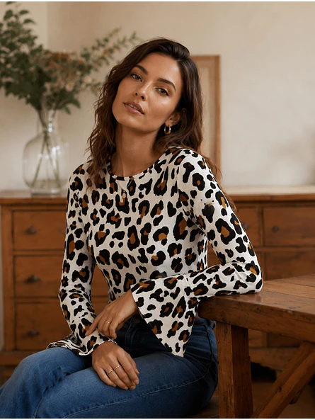 Polera Animal Print Blanco Mujer Manga Larga Acampanada 4